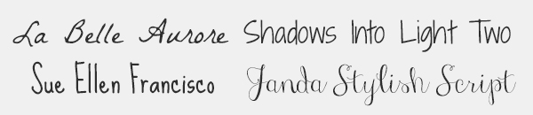 examples of Geswein's fonts: La Belle Aurore, Shadows into Light Two, Sue Ellen Francisco, Janda Stylish Script